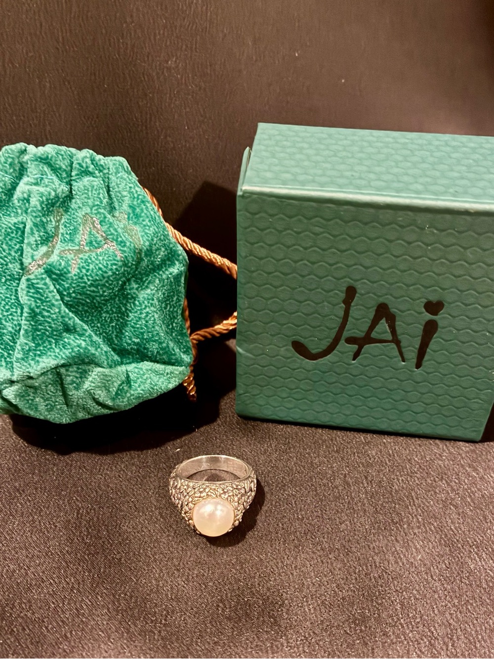 JAI John Hardy Sterling Silver Carved Flora Cultured Pearl Ring Box Pouch Size 7
